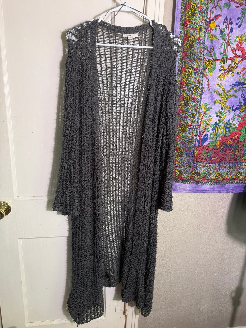 Ariat Gray Open Knit Duster Cardigan Long Western Boho Fringe Sweater - XXL